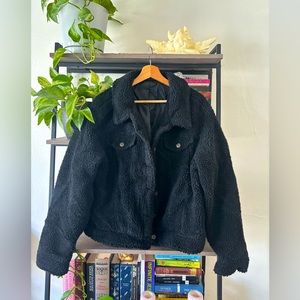 Oversized Black Structured Teddy Jacket (Plus Size Friendly)